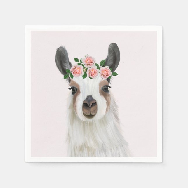 Niedlicher Lama mit Rose Blume Kronenrosa Serviette (Vorderseite)