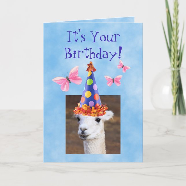 Niedlicher Lama und Schmetterlinge zum Geburtstag Karte (Vorderseite)