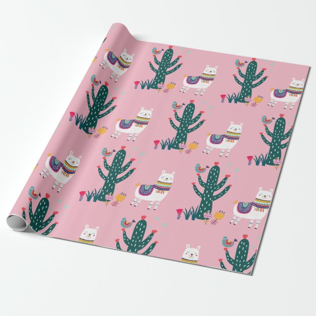 Niedlicher Lamavogel und -kaktus Geschenkpapier (Ungerollt)