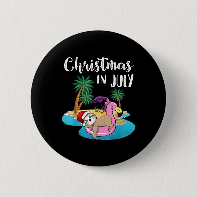 Niedlicher Lazy Sloth auf Flamingo Float Weihnacht Button (Vorderseite)