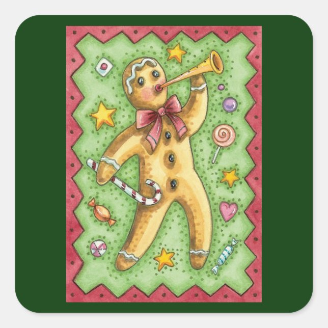Niedlicher Lebkuchenmann Blühende Horn, Weihnachts Quadratischer Aufkleber (Vorderseite)