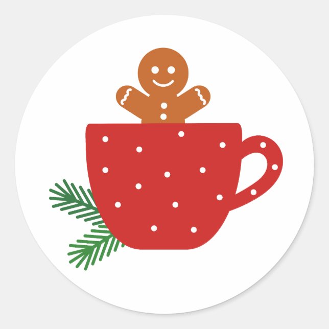 Niedlicher Lebkuchenmann in einer roten Kaffeetass Runder Aufkleber (Vorderseite)