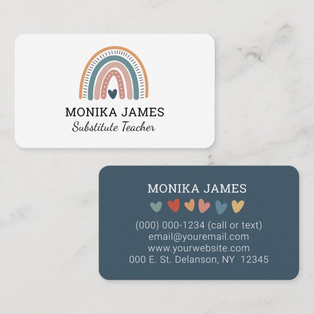 Niedlicher Lehrer Blue Boho Rainbow Visitenkarte (Vorne/Hinten)