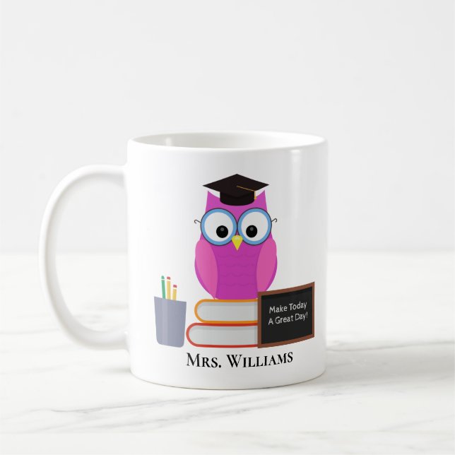 Niedlicher Lehrer Pink Owl School Monogramm Kaffeetasse (Links)