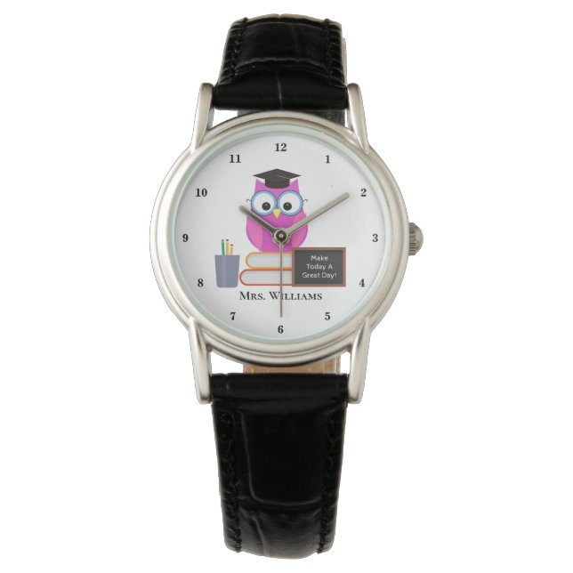 Niedlicher Lehrer Pink Owl Teacher School Armbanduhr (Vorderseite)