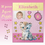 Niedlicher Leopard-Foto Name Rosa Gelbe Kinder<br><div class="desc">30 Stück Puzzle für Kinder. Mit einem niedlichen Leoparden,  mit Sternen und Liebe Herz. Fügen Sie einen Namen,  ein Initial und ein Foto hinzu. Farbschema: rosa und gelb Geschenkidee für Kinder.</div>