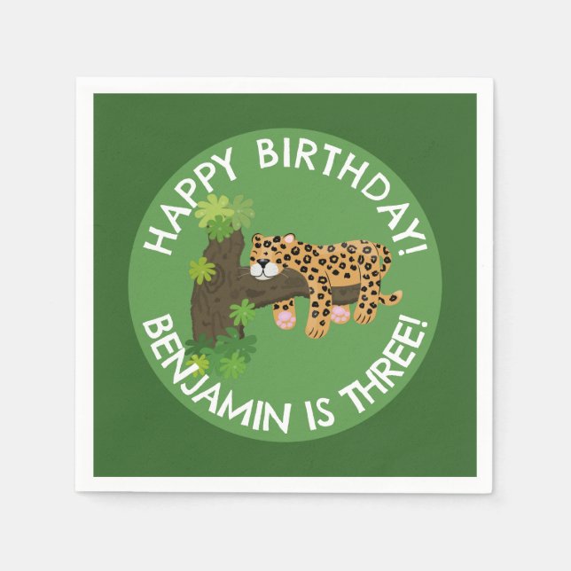 Niedlicher Leopard personalisierter Cartoon Geburt Serviette (Vorderseite)