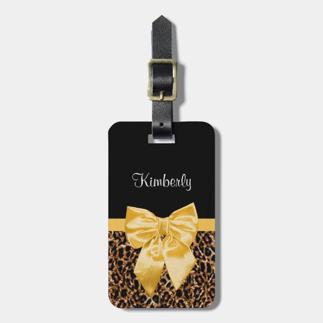 Niedlicher Leopard Print Elegant Gelber Bow und Na Gepäckanhänger (Vorderseite vertikal)