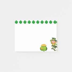 Niedlicher Leprechaun, Glückskleeblätter und Goldt Post-it Klebezettel
