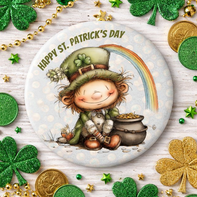 Niedlicher Leprechaun mit Goldtopf und Regenbogen Button (Von Creator hochgeladen)