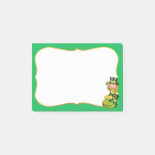 Niedlicher Leprechaun und Goldtopf auf grünem  Post-it Klebezettel