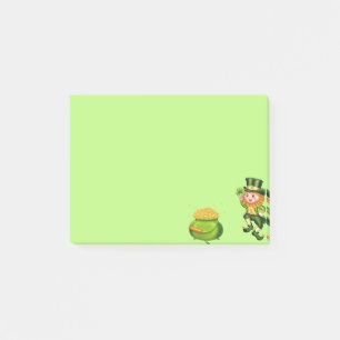 Niedlicher Leprechaun und Goldtopf auf limettengrü Post-it Klebezettel