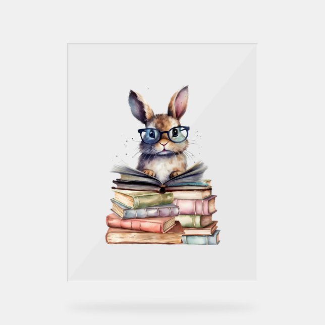 Niedlicher Leserhase mit Brillenbüchern Buchwurm R Acrylschild (Vorderseite)