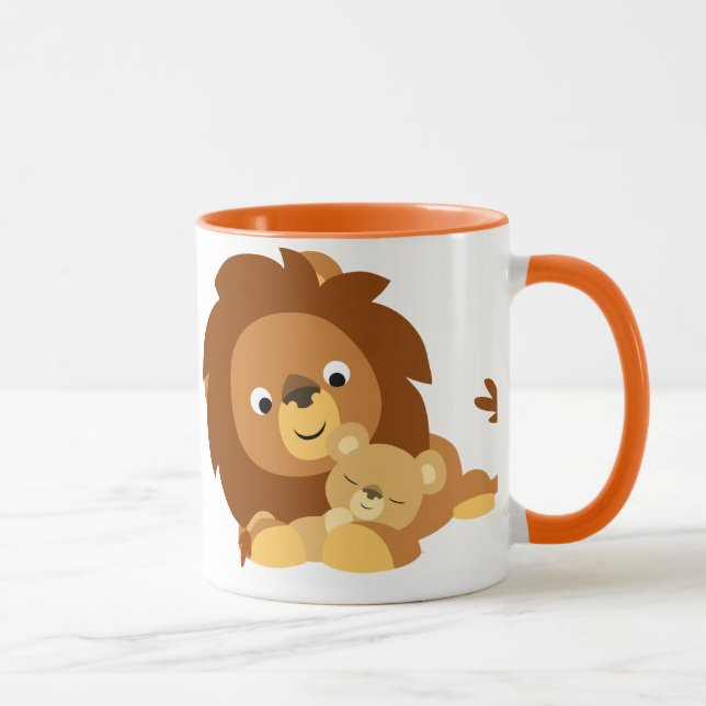 Niedlicher liebevoller Cartoon-Löwe-Vater und Tasse (Rechts)