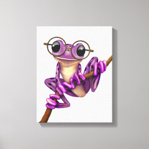 Niedlicher lila Baum-Frosch mit Augen-Gläsern auf Leinwanddruck