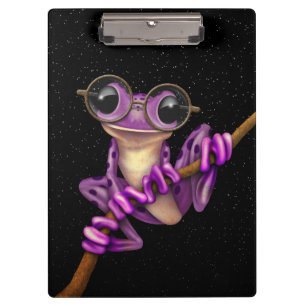 Niedlicher lila Baum-Frosch mit Augen-Gläsern mit Klemmbrett