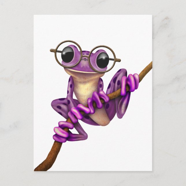 Niedlicher Lila Baumfrosch mit Augenbrille auf Wei Postkarte (Vorderseite)