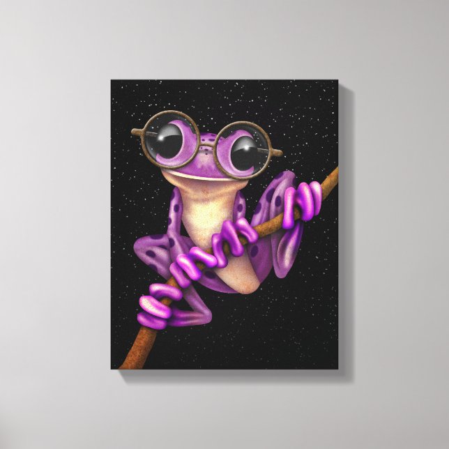 Niedlicher Lila Baumfrosch mit Brille mit Sternen Leinwanddruck (Vorderseite)