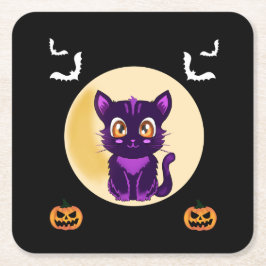 Niedlicher Lila Cartoon Katzenkinder Halloween-Par Rechteckiger Pappuntersetzer
