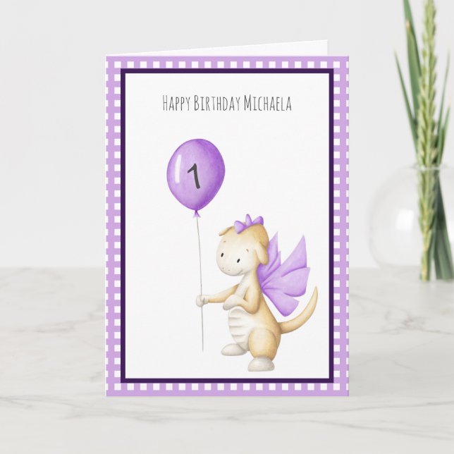Niedlicher Lila Drache mit Ballon Erster Geburtsta Karte (Vorderseite)