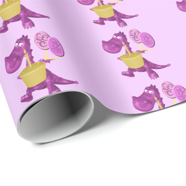 Niedlicher Lila Drache mit Kuchen und Balloons    Geschenkpapier (Rolleneckpunkt)