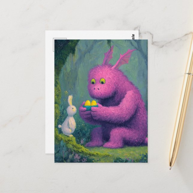 Niedlicher Lila Drache und Ostersonnige Farbe Postkarte (Vorderseite/Rückseite Beispiel)