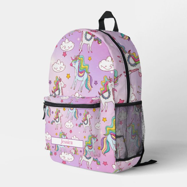 Niedlicher Lila Einhorn-Muster - benutzerdefinierb Bedruckter Rucksack (Rückseitige Ecke Rechts)