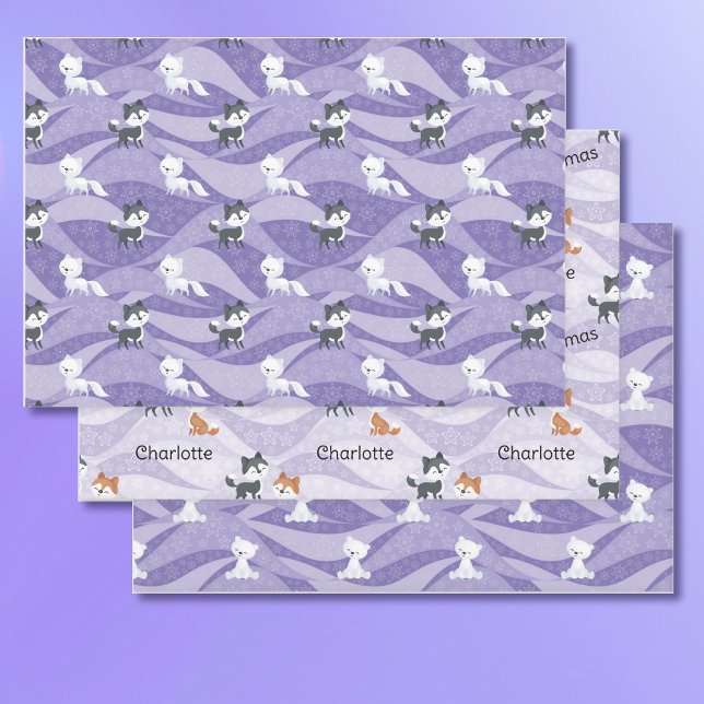 Niedlicher Lila Foxbär Name Weihnachten Kuwaii Geschenkpapier Set (Von Creator hochgeladen)