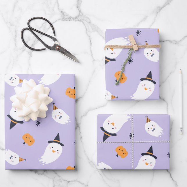 Niedlicher Lila Geist und Pumpkin Geschenkpapier Set (Vorderseite)