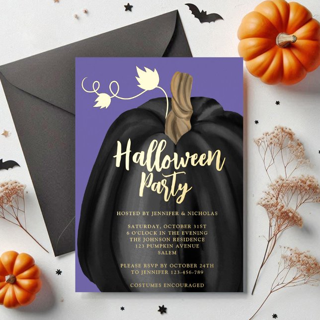 Niedlicher Lila Goldpumpen-Halloween-Party Folieneinladung (Cute Purple Gold Pumpkin Halloween Party Foil Invitation)