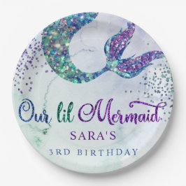 Niedlicher Lila Grüner Glitzer Mermaid Birthday Pappteller