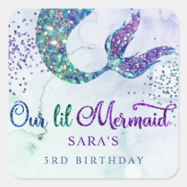 Niedlicher Lila Grüner Glitzer Mermaid Birthday Quadratischer Aufkleber