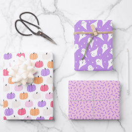 Niedlicher lila Kürbis und Gespenst Halloween Geschenkpapier Set