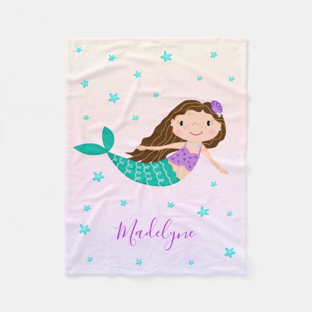 Niedlicher Lila Mermaid Coral Personalisierter Nam Fleecedecke (Vorderseite)