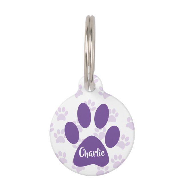 Niedlicher Lila Paw-Ausdruck Personalisierter Pet- Haustiermarke (Vorderseite)
