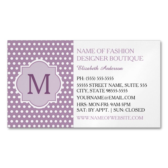 Niedlicher Lila Polka-Dot mit Girly Monogram-Bouti Magnetische Visitenkarte (Vorderseite)