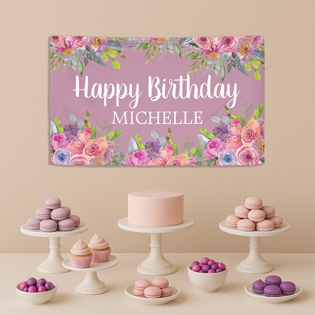 Niedlicher Lila Rosa floraler Glückwunsch Geburtsn Banner (Pretty purple and pink watercolor floral birthday party banner)