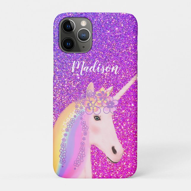 Niedlicher Lila rosa Glitzer Einhorn Personalisier Case-Mate iPhone Hülle (Rückseite)