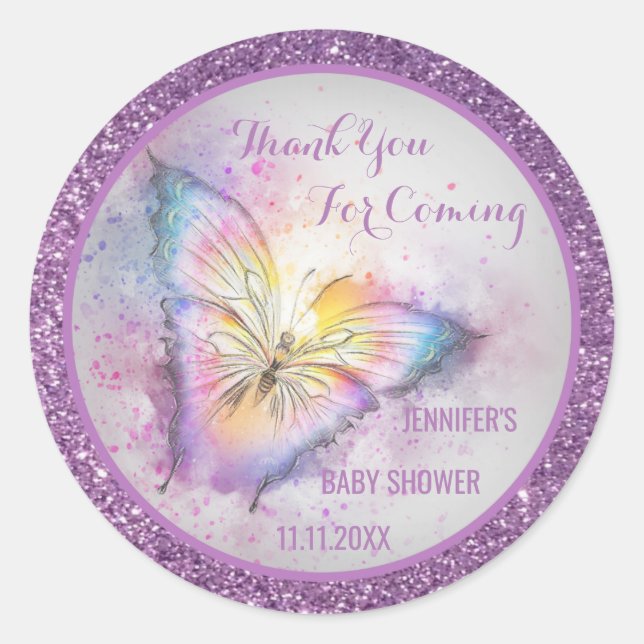 Niedlicher Lila Schmetterling Danke Baby Dusche Runder Aufkleber (Vorderseite)