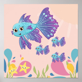 Niedlicher lila und blauer Fisch im Ozean, Poster