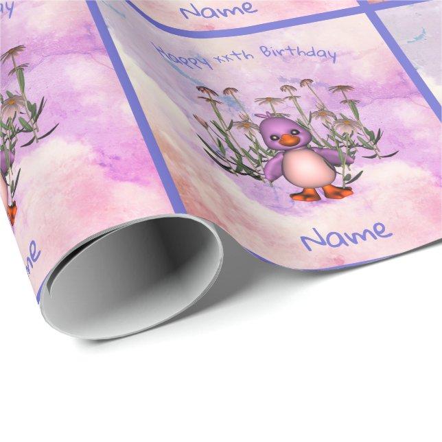 Niedlicher Lila Vogel Daisy Personalisierter Gebur Geschenkpapier (Rolleneckpunkt)