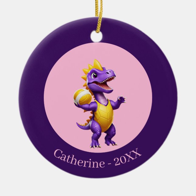 Niedlicher lila Volleyballdinosaurier Keramik Ornament (Vorne)