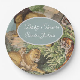 Niedlicher Lion Cat Dusty Blue Boyl Baby Dusche Pappteller