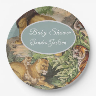 Niedlicher Lion Cat Dusty Blue Boyl Baby Dusche Pappteller