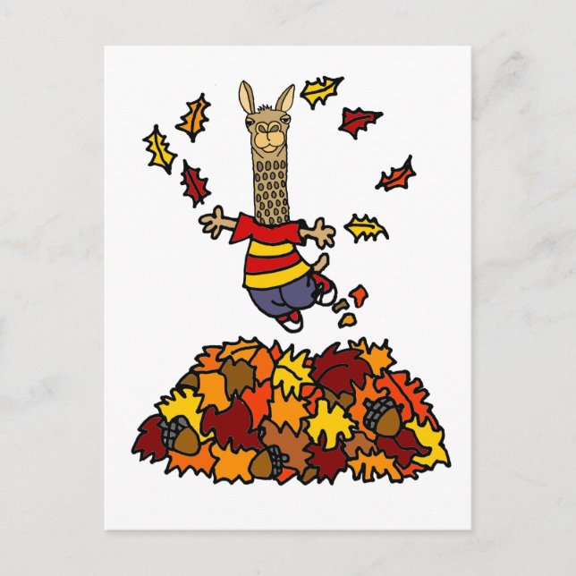 Niedlicher Llama Jumping in Leaf Pile Cartoon Postkarte (Vorderseite)