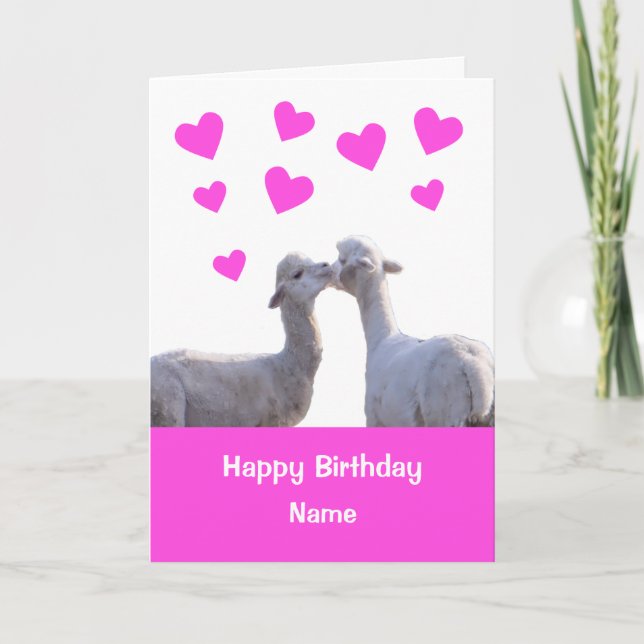 Niedlicher Llama Kiss Pink Hearts Happy Birthday C Karte (Vorderseite)