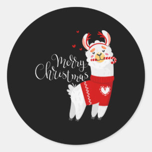 Niedlicher Llama mit Candy Cane Frohe Weihnachten Runder Aufkleber