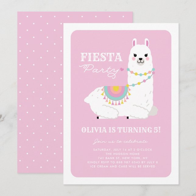 Niedlicher Llama mit Pom Poms Pink Fiesta Kinderge Einladung (Vorne/Hinten)