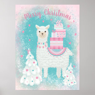 Niedlicher Llama mit Weihnachtsgeschenken Poster