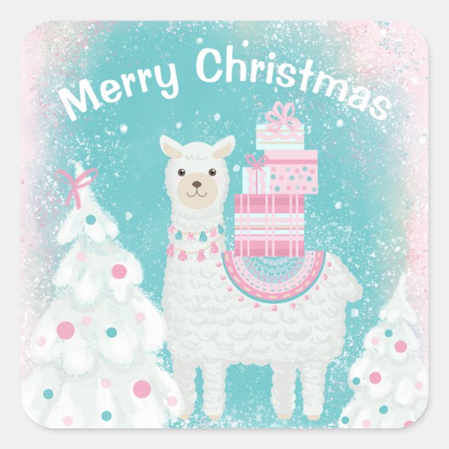 Niedlicher Llama mit Weihnachtsgeschenken Quadratischer Aufkleber (Vorderseite)